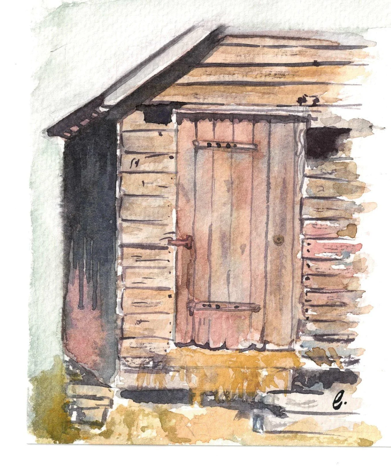 Watercolor painting of a rustic wooden door set within a weathered chicken coop, with a small step and minimal background details.