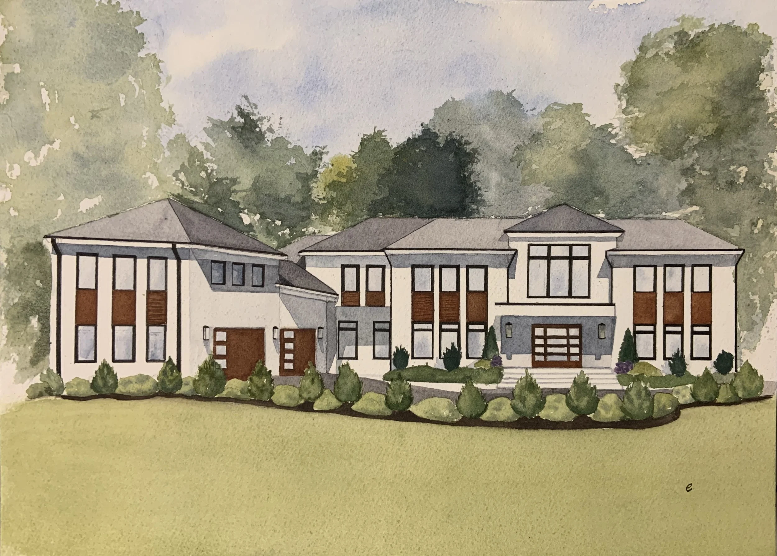 A watercolor illustration of a modern expansive two-story house with a landscaped front yard and trees in the background.