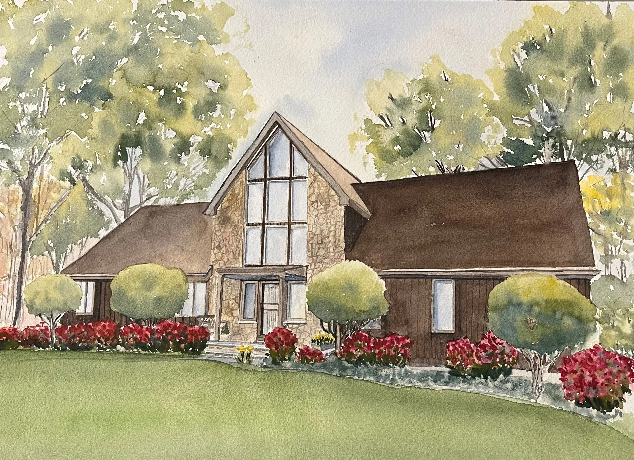Watercolor painting of a house with a mix of stone and wood exterior, large windows, surrounded by landscaped garden with bushes, trees, and colorful flowers, under a partly cloudy sky.