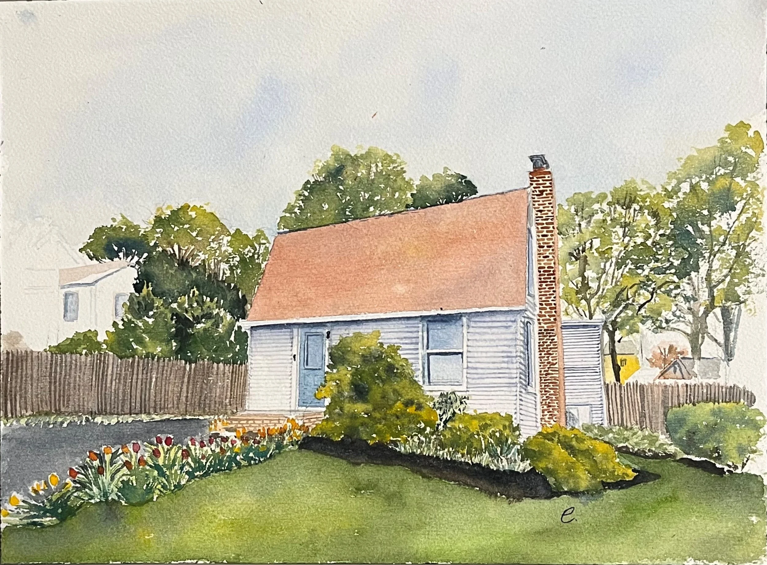 Watercolor painting of a house with a red roof, blue door, and brick chimney, surrounded by trees and a colorful flower bed.