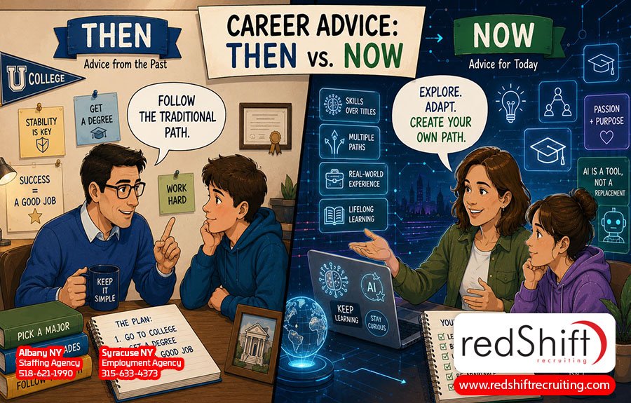 cartoon comparing traditional career advice with modern career guidance, highlighting continuous learning, AI skills, adaptability, career preparation