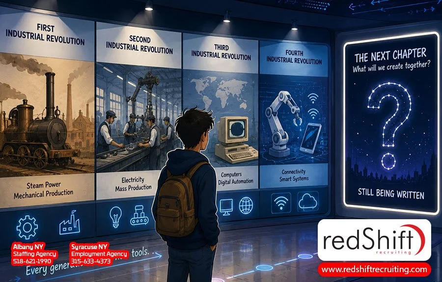 timeline comparing the Industrial Revolutions, illustrating how technological revolutions have changed jobs, careers, and the future of work
