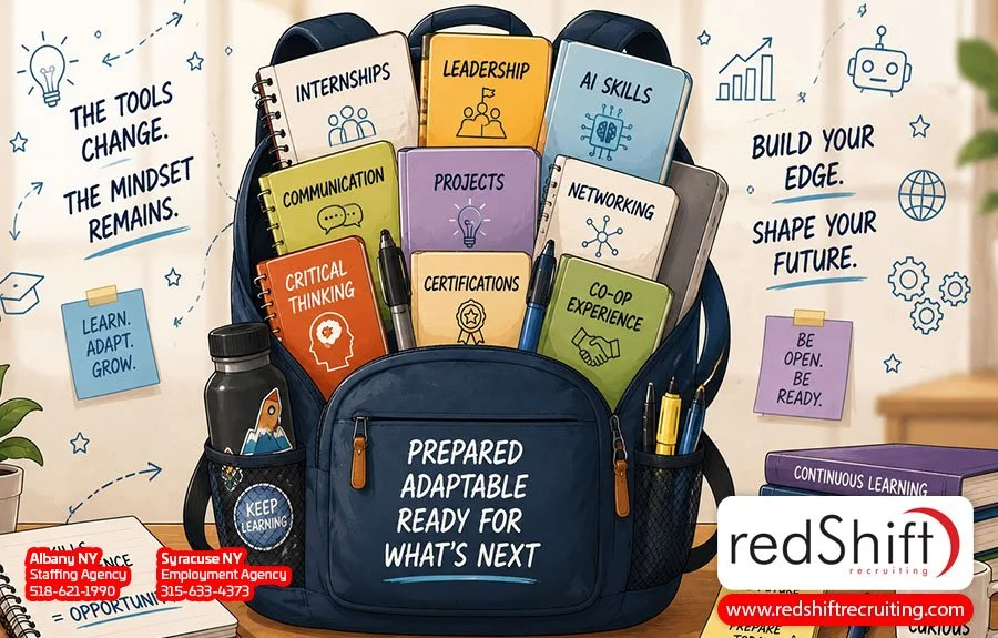 backpack filled with books, AI skills, certifications, internship experience, communication representing continuous learning and career preparation for the AI job market
