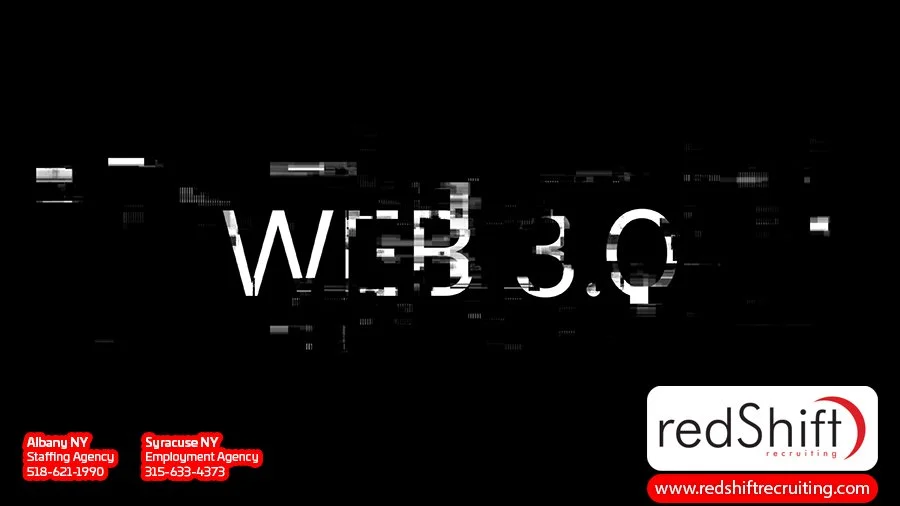 Glitch effect text reading 'Web 3.0' on a dark background, representing modern technological advancements in a W3C certification context