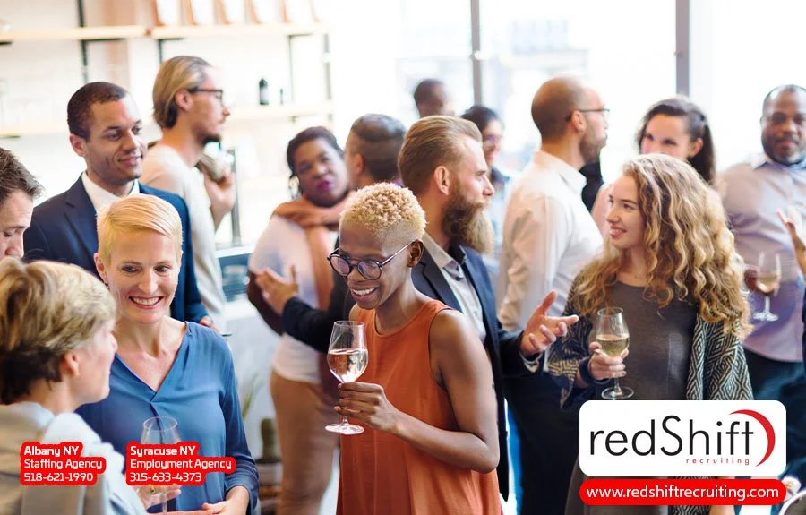 give business card, company name, talk to more people, create rapport, be interested in conversation