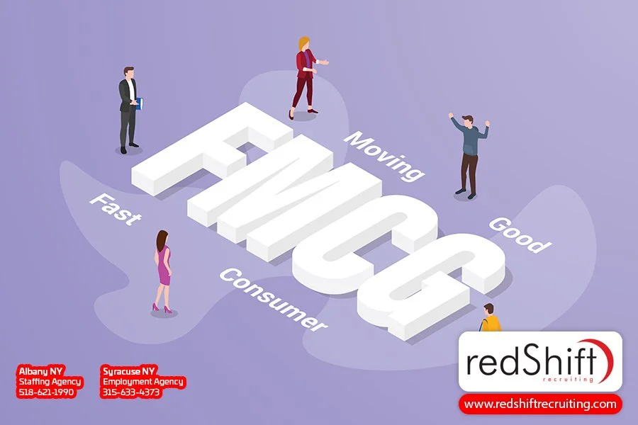 Isometric illustration of people around large text reading 'FMCG,' representing Fast-Moving Consumer Goods, relevant to discussions on W3C certifications in a technology recruiting context.