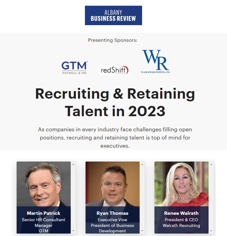 Albany Business Review Executive Forum 2023, Ryan Thomas, redShift Recruiting, Martin Patrick, GTM Payroll & HR, Renee Walrath, Walrath Recruiting