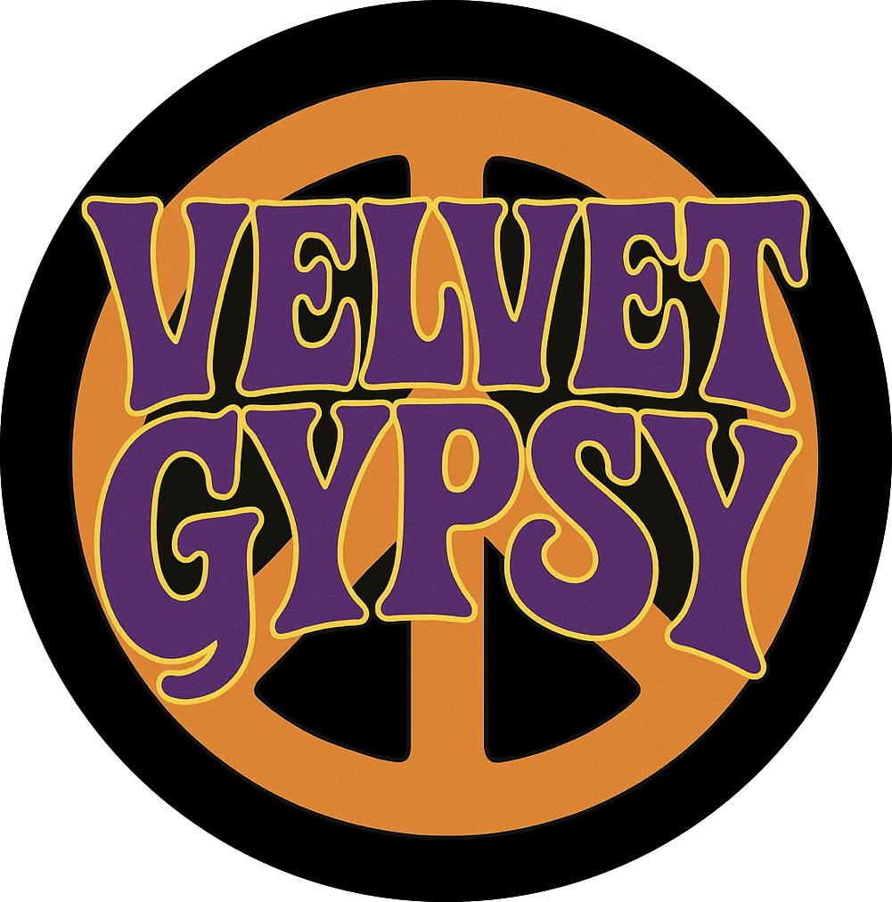 Text reading 'Velvet Gypsy' over an orange peace symbol on a black background.