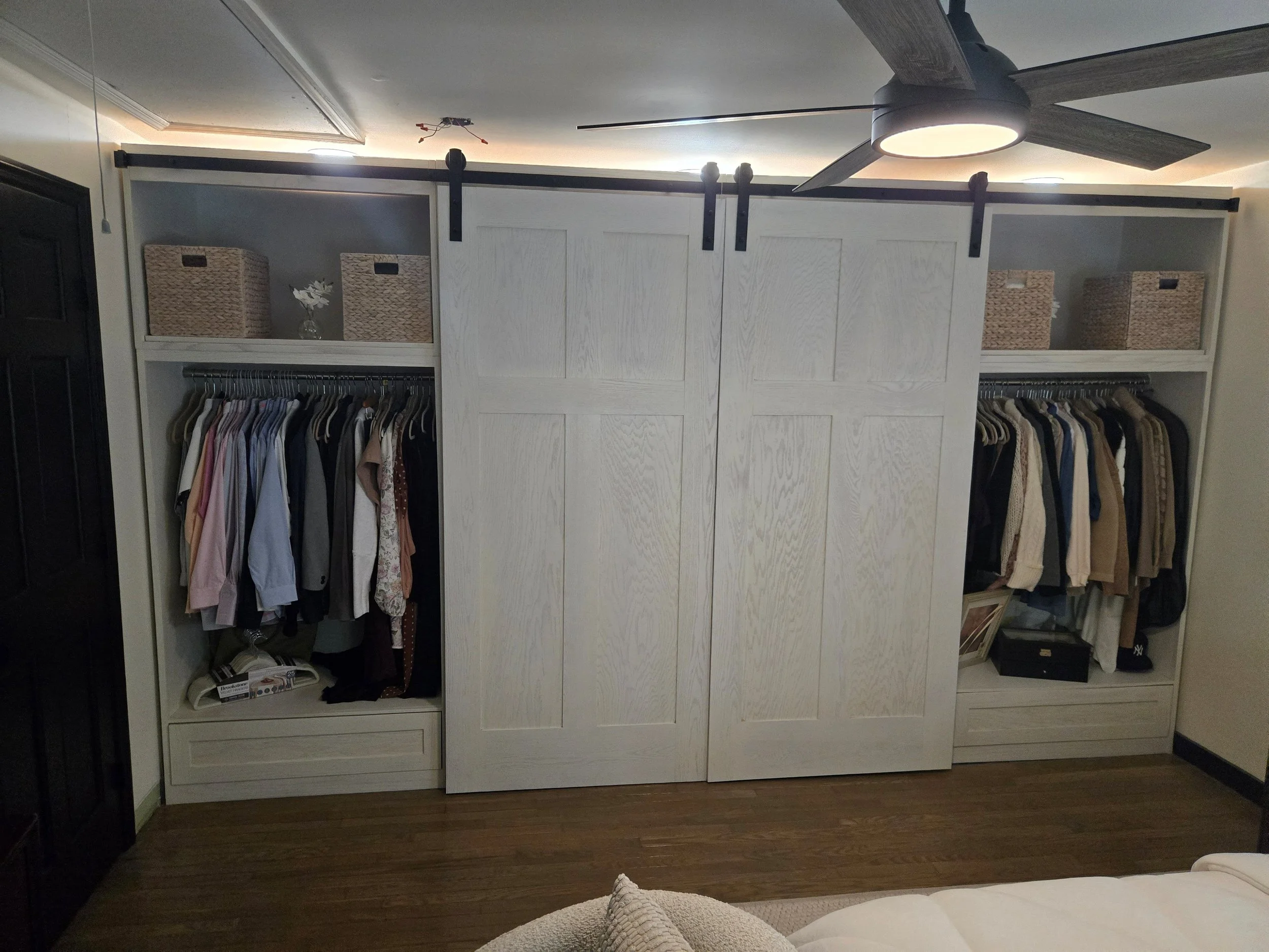 Custom Built Red Oak Closet with sliding Barn Doors