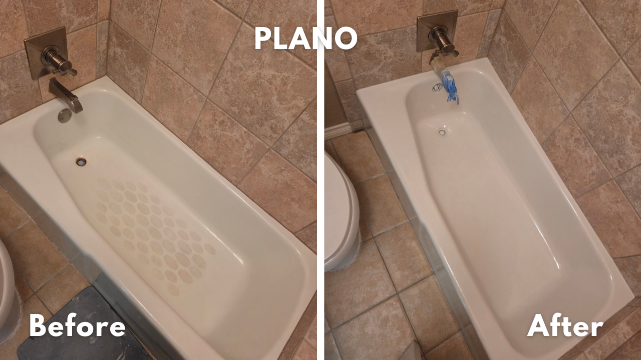 Standard size cast iron bathtub with hairline stress cracking repaired and refinished with Kohler White glaze in Plano, Texas