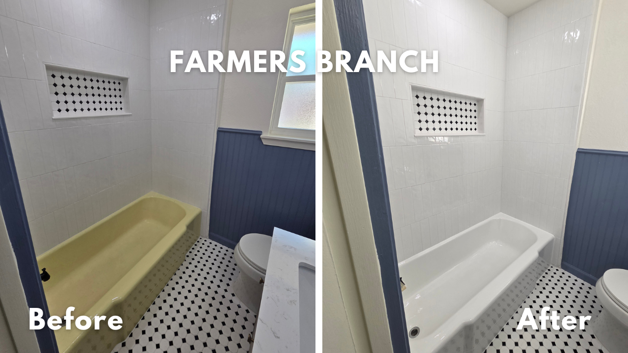 This homeowner in Farmers Branch, TX gave their 1960s bathroom a much needed remodel while keeping the vintage charm. Instead of removing the cast iron bathtub, they had us repair and refinish it with our professional process. 