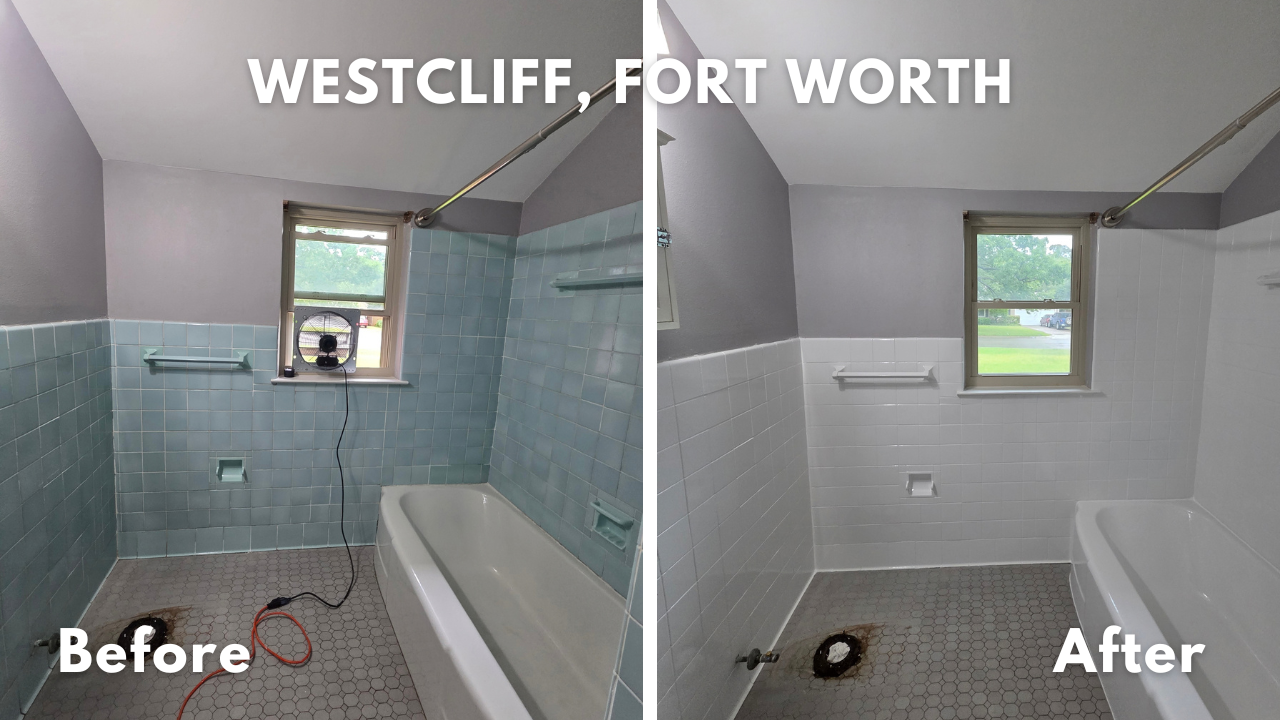 Vintage blue tiled bathroom in Westcliff Fort Worth with damaged tile from over cleaning with harsh chemicals and abrasives. Fresh grout installed, then refinished in high gloss white glaze with non-slip treatment on the porcelain bathtub. 