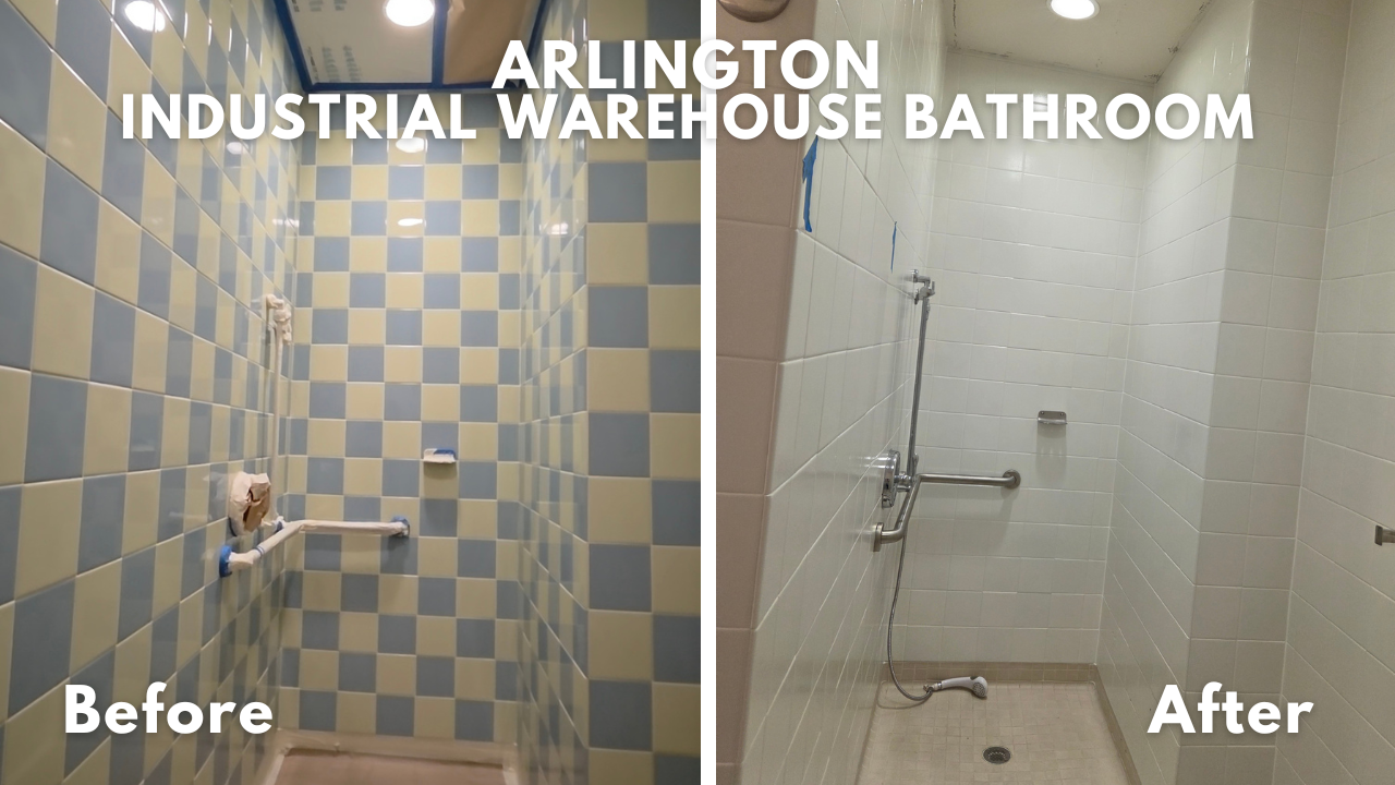 Tile bathroom walls in industrial warehouse bathrooms refinished in white semi-gloss coating in Arlington, TX