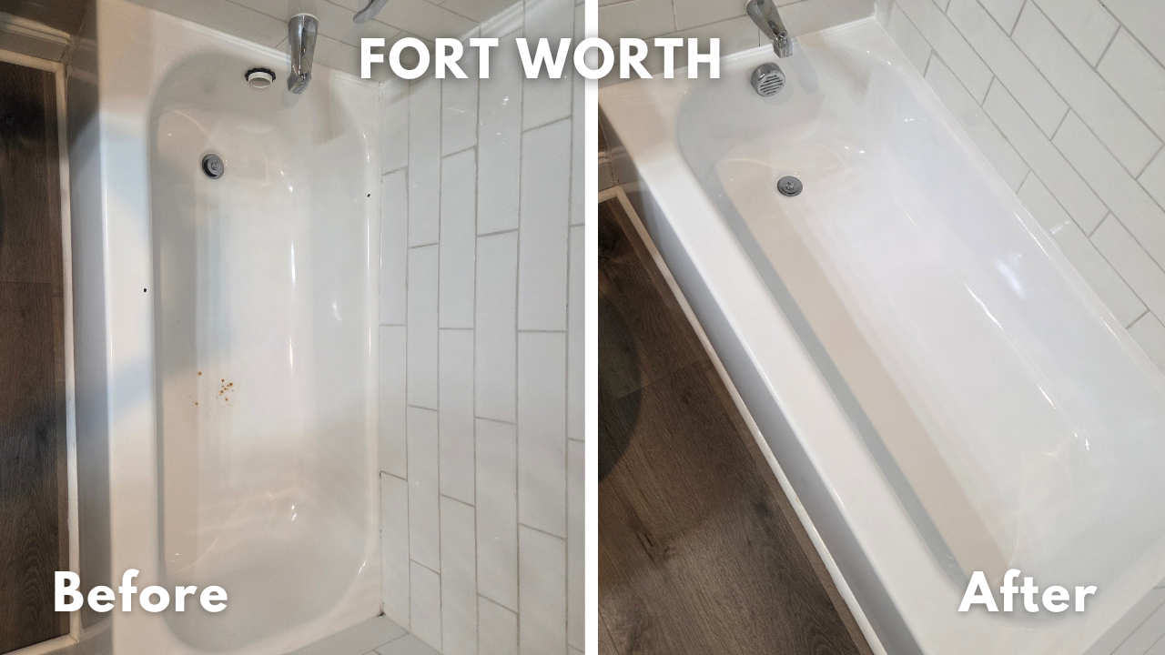 Standard size porcelain coated steel bathtub repaired and reglazed in Fort Worth, TX