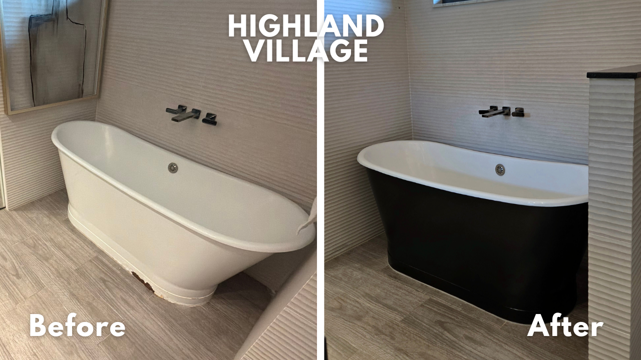 Acid damage caused rust and corrosion on this cast iron freestanding bathtub in Highland Village, TX. The damage was repaired and the exterior refinished in black with a satin sheen.  