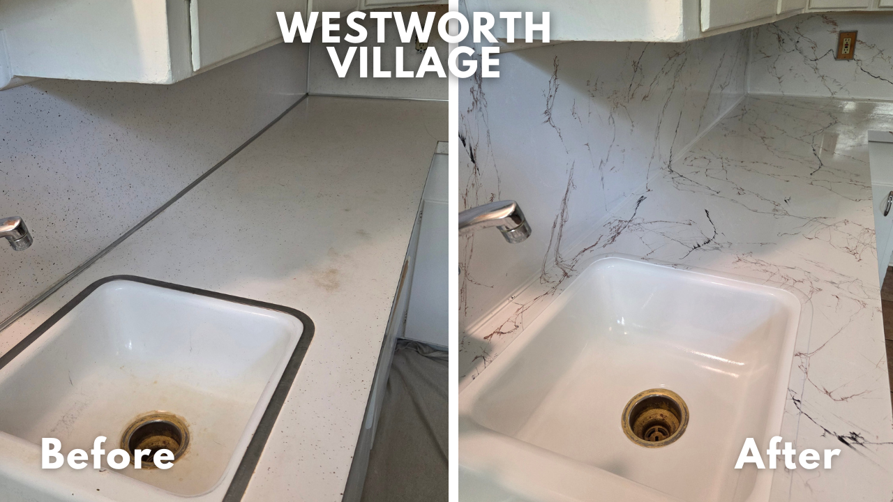 Vintage Formica laminate kitchen countertops refinished in custom marble look, and kitchen sink resurfaced in white glaze in Westworth Village, TX