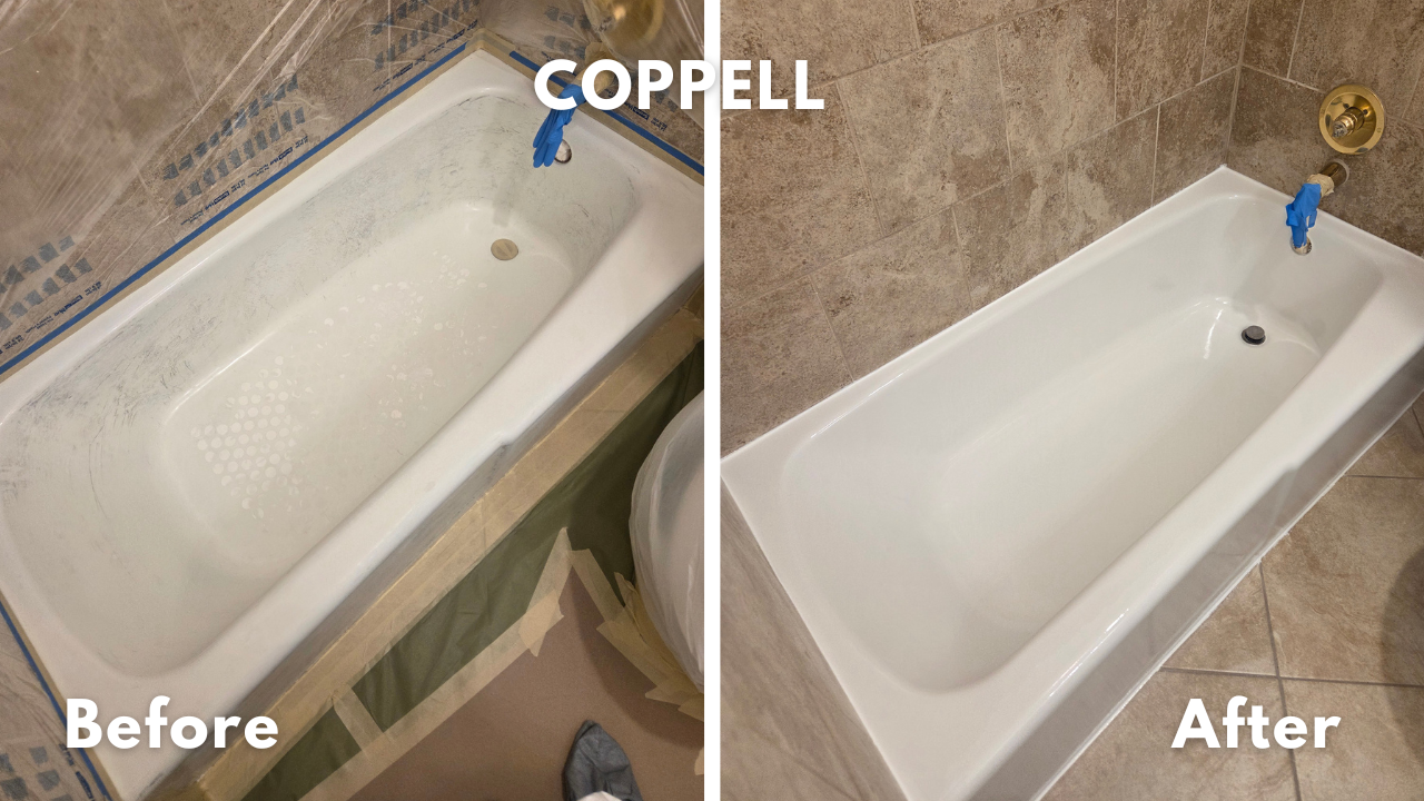 Dull, stained, and worn cast iron bathtub refinished with white glaze in Coppell, Texas