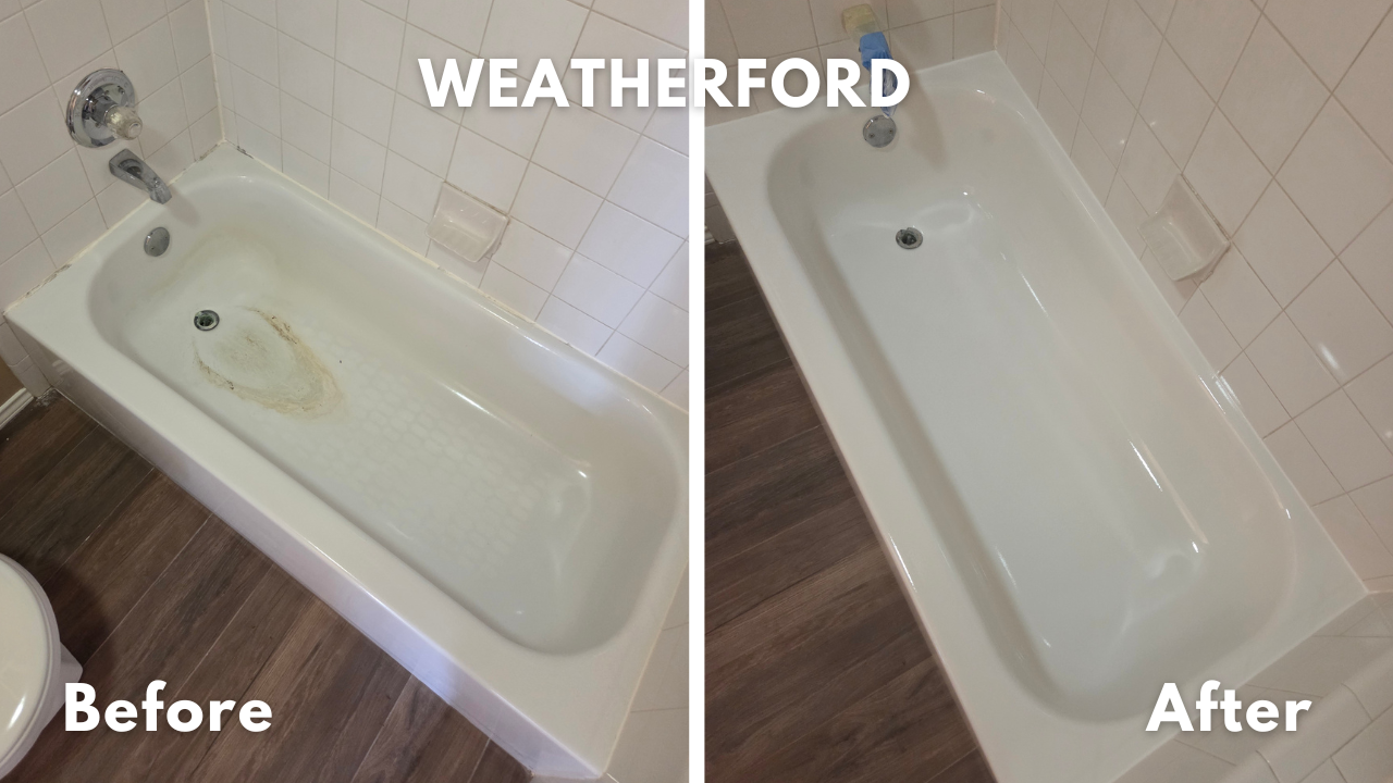 Porcelain over stainless steel standard size bathtub with a low spot that holds water. Low spot was filled and bathtub resurfaced in Weatherford, Texas. 