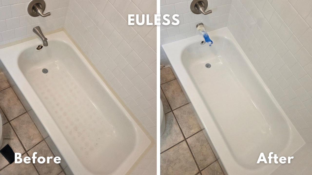 Porcelain over steel porcelain bathtub in Euless, TX that had staining and discoloration that was difficult to remove. Refinished in high gloss bright white. 