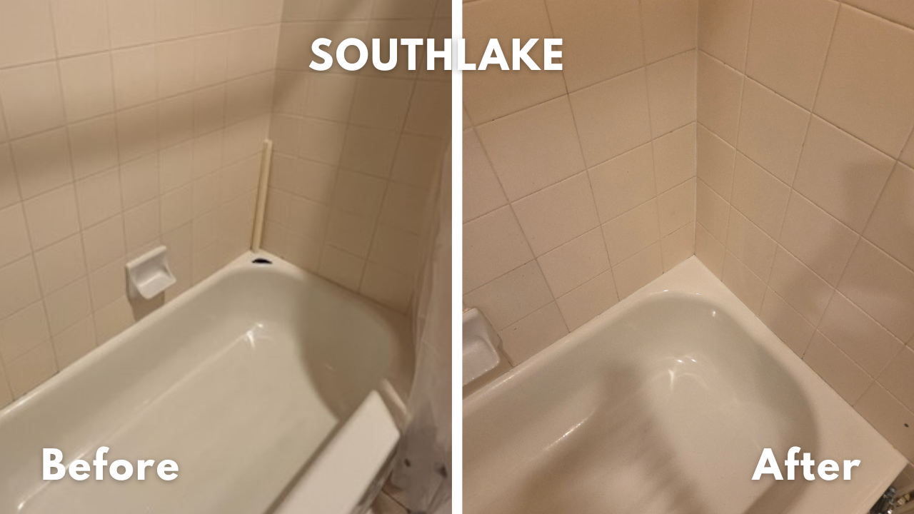 Biscuit color bathtub with a chip down to the steel repaired with custom color match in Southlake, TX