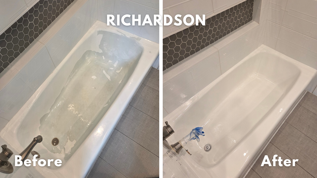 Peeling bathtub paint removed and cast iron bathtub refinished in high gloss white glaze on Richardson, Texas