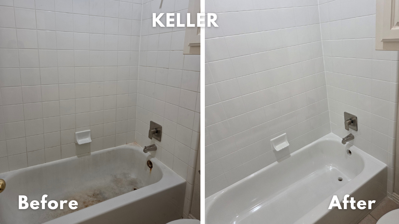 Porcelain coated steel bathtub with rust repair and refinishing and tile refinishing in Keller, TX