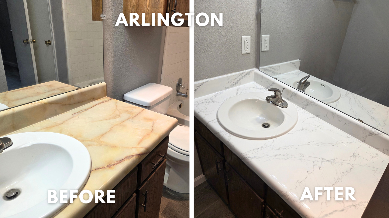 Laminate vanity top resurfaced with faux marble finish in Arlington, Texas