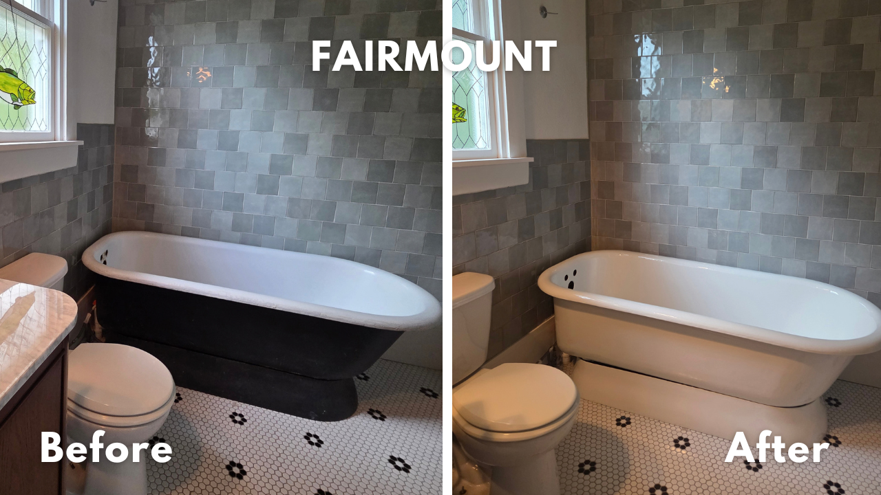 Antique pedestal bathtub repaired and refinished in Kohler White glaze. 