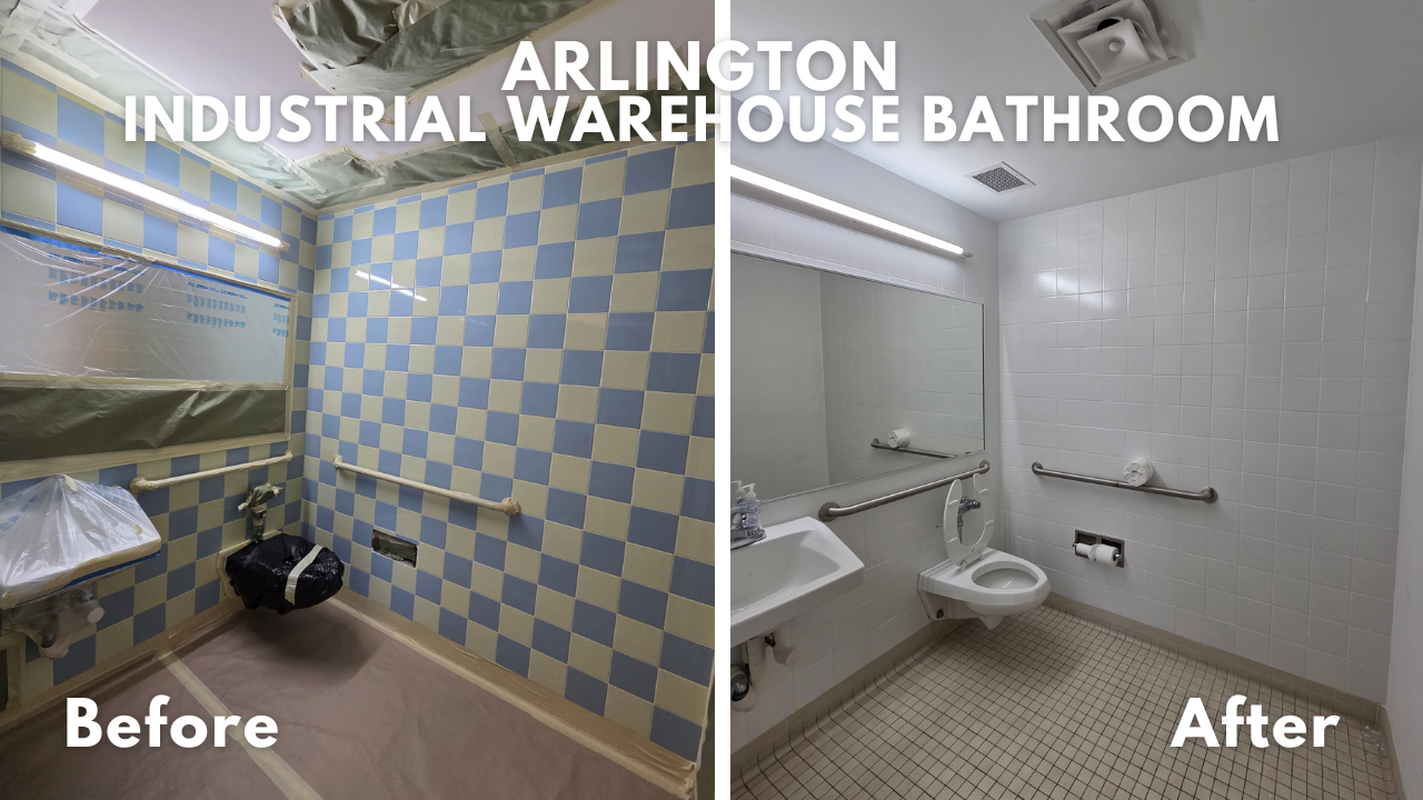 Tile bathroom walls in industrial warehouse bathrooms refinished in white semi-gloss coating in Arlington, TX