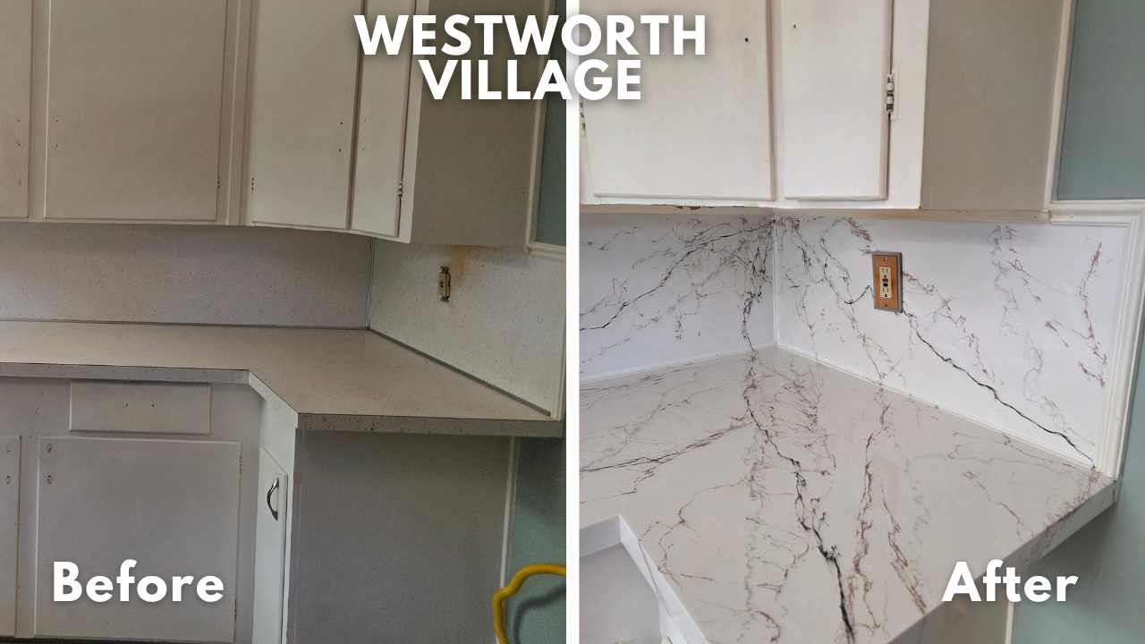 Vintage Formica laminate kitchen countertops refinished in custom marble look, and kitchen sink resurfaced in white glaze in Westworth Village, TX