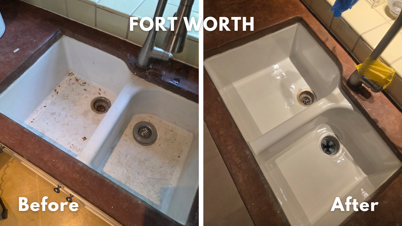 Kohler brand porcelain double basin kitchen sink repaired and reglazed with Kohler White color coating in Fort Worth, Texas
