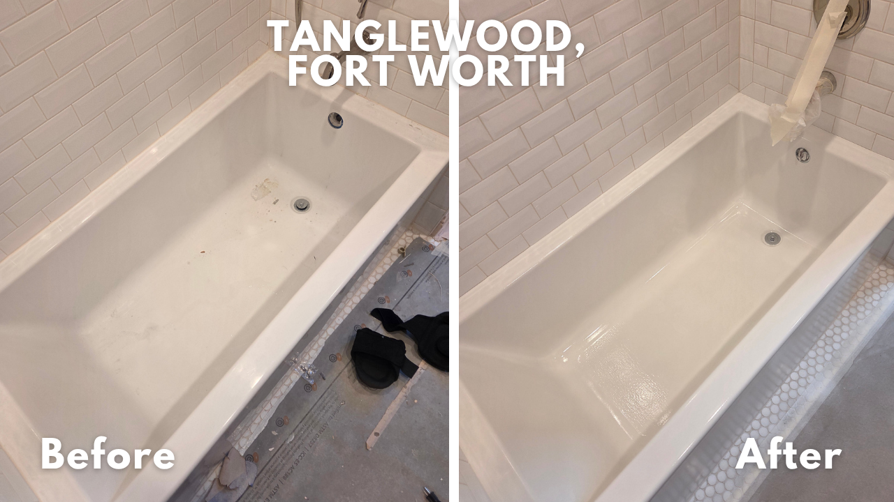 Brand new acrylic bathtub in a new build home in the Tanglewood neighborhood of Fort Worth was damaged during installation and repaired and refinished in white glaze. 
