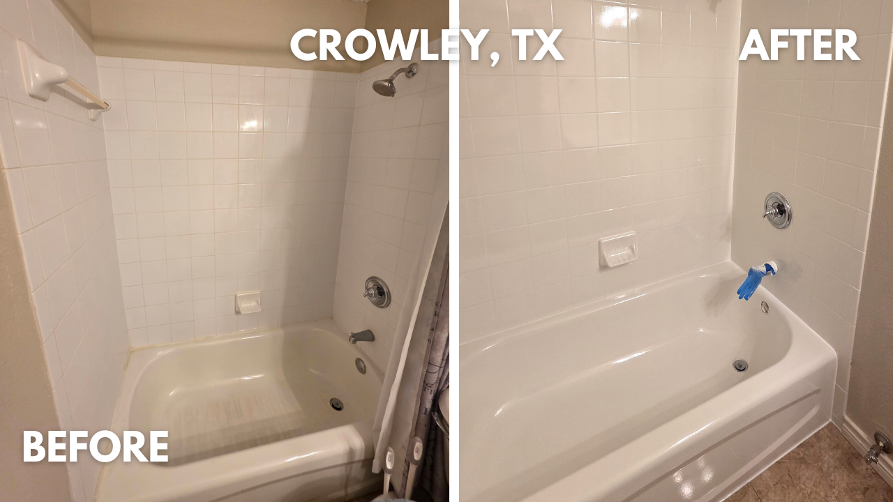 standard size steel bathtub and surrounding tile in  Crowley, Texas