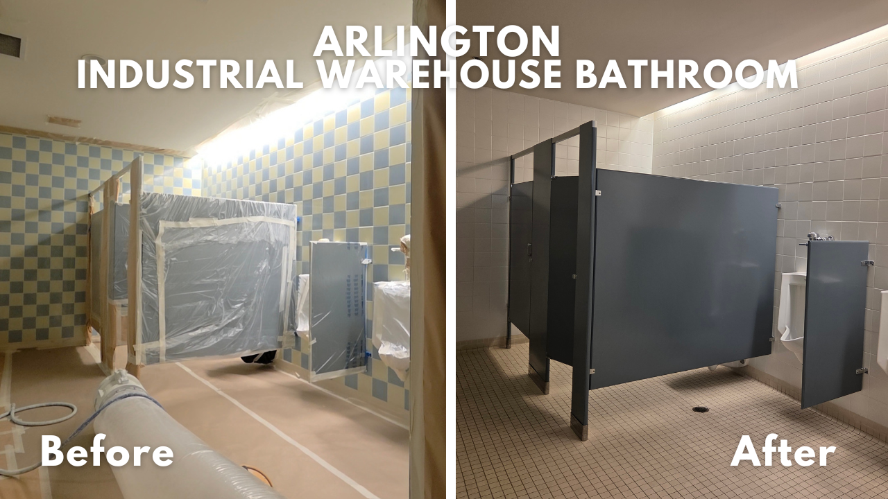 Tile bathroom walls in industrial warehouse bathrooms refinished in white semi-gloss coating in Arlington, TX