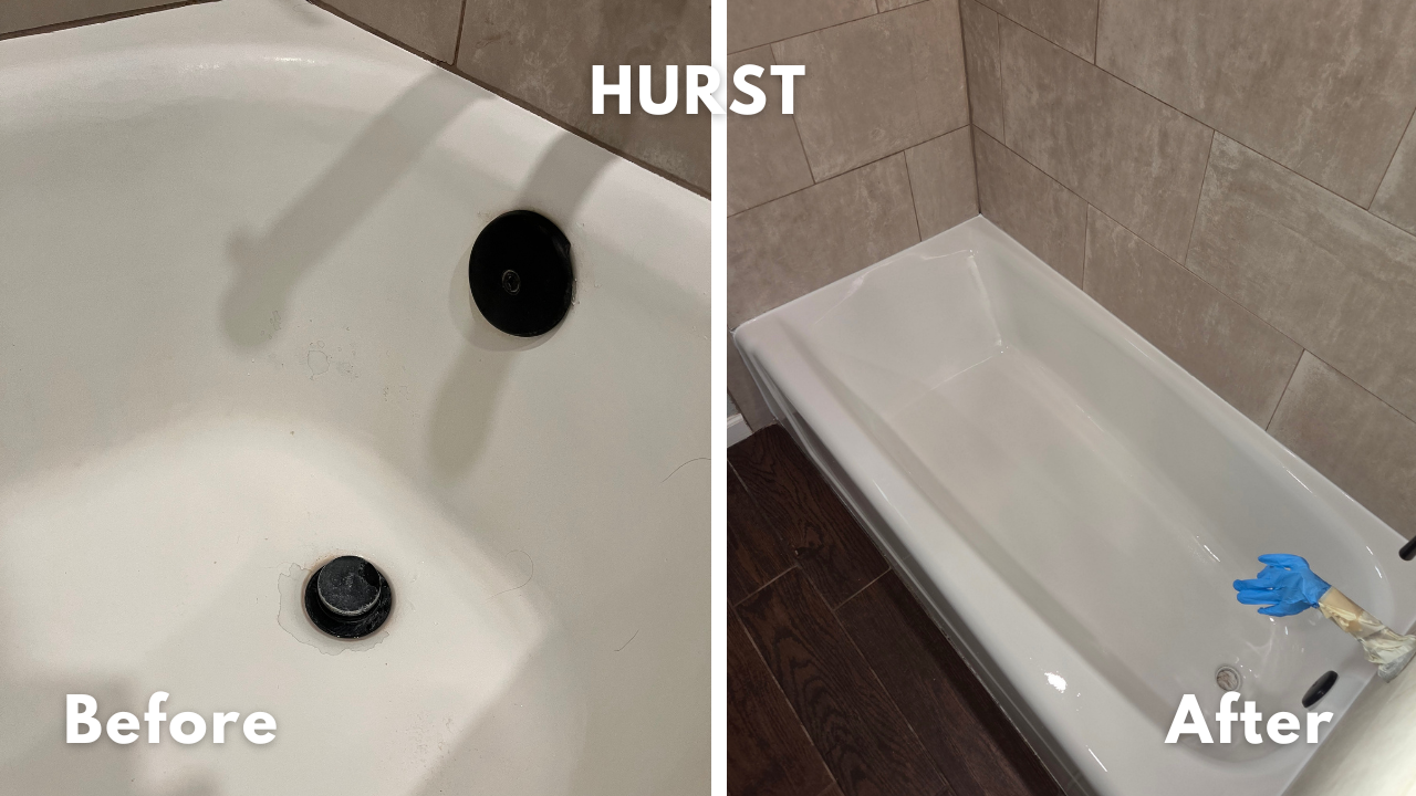 Peeling bathtub in Hurst, Texas stripped and refinished in glossy white glaze. 