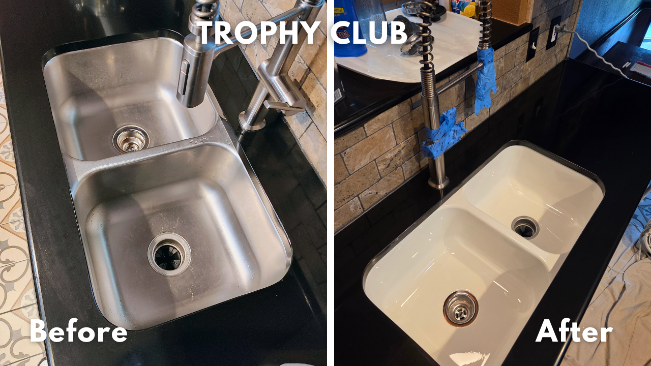Stainless steel sink refinished in white glaze in Trophy Club, Texas