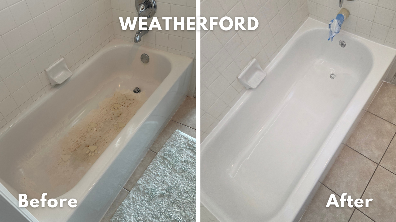 Standard size stainless steel bathtub with rust on the bottom that the homeowner tried to fix with a DIY Rustoleum bathtub painting kit. The paint was removed, rust repaired, and entire bathtub refinished in white glaze in Frisco, Texas. 