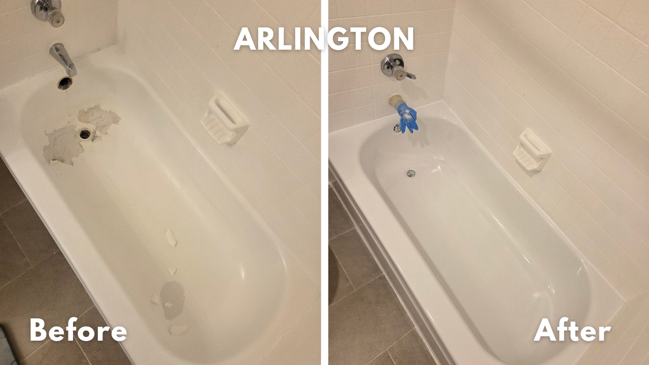 House in Arlington, TX that was flipped by real estate investors who used a cheap bathtub refinishing company. The finish was rough to the touch and started to peel. The peeling coating had to be fully removed before prepping the porcelain surface co