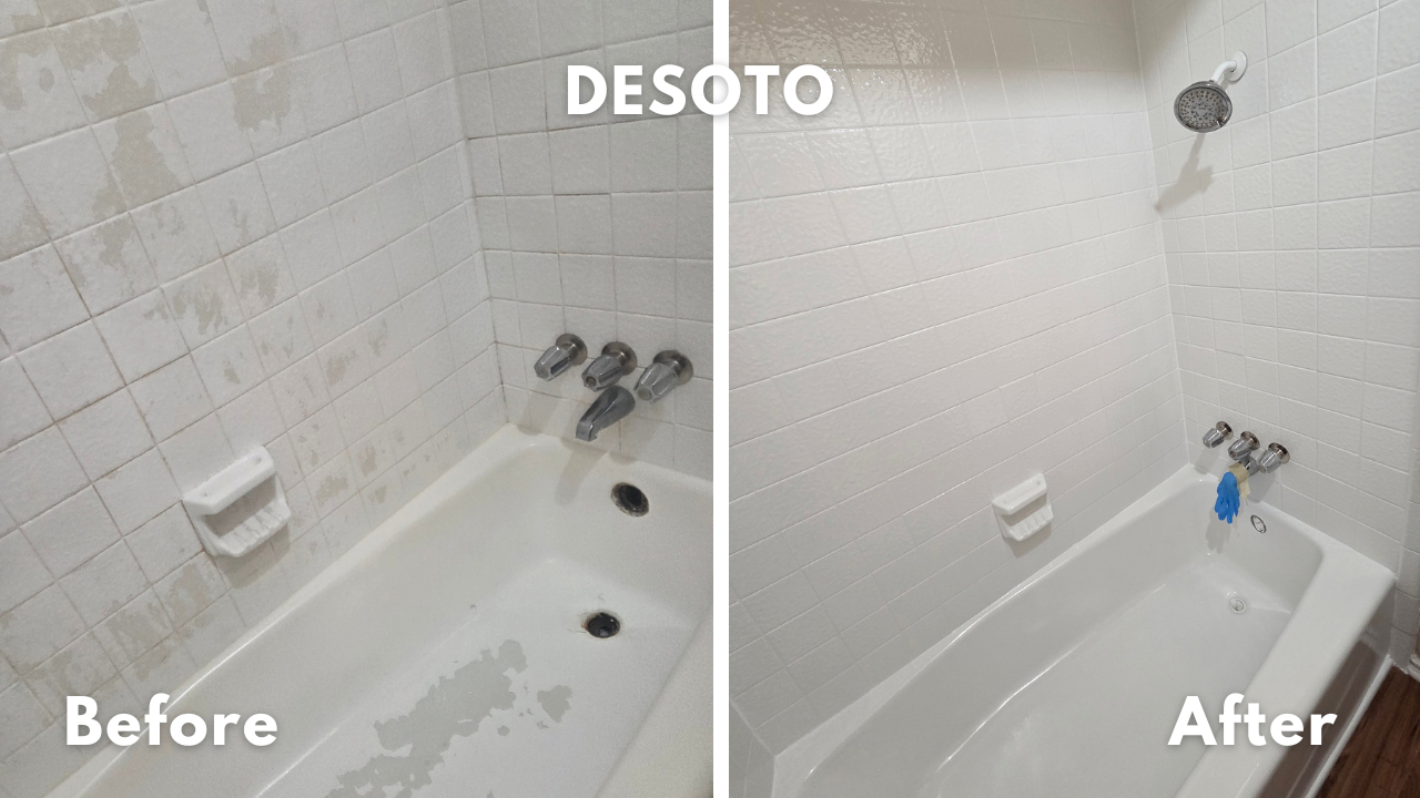 This real estate investor client made the mistake of hiring a cheap company to refinish a tub and tile in his rental property in Desoto, TX. It began peeling right away, so we removed the peeling paint and refinished it in our durable, high gloss whi