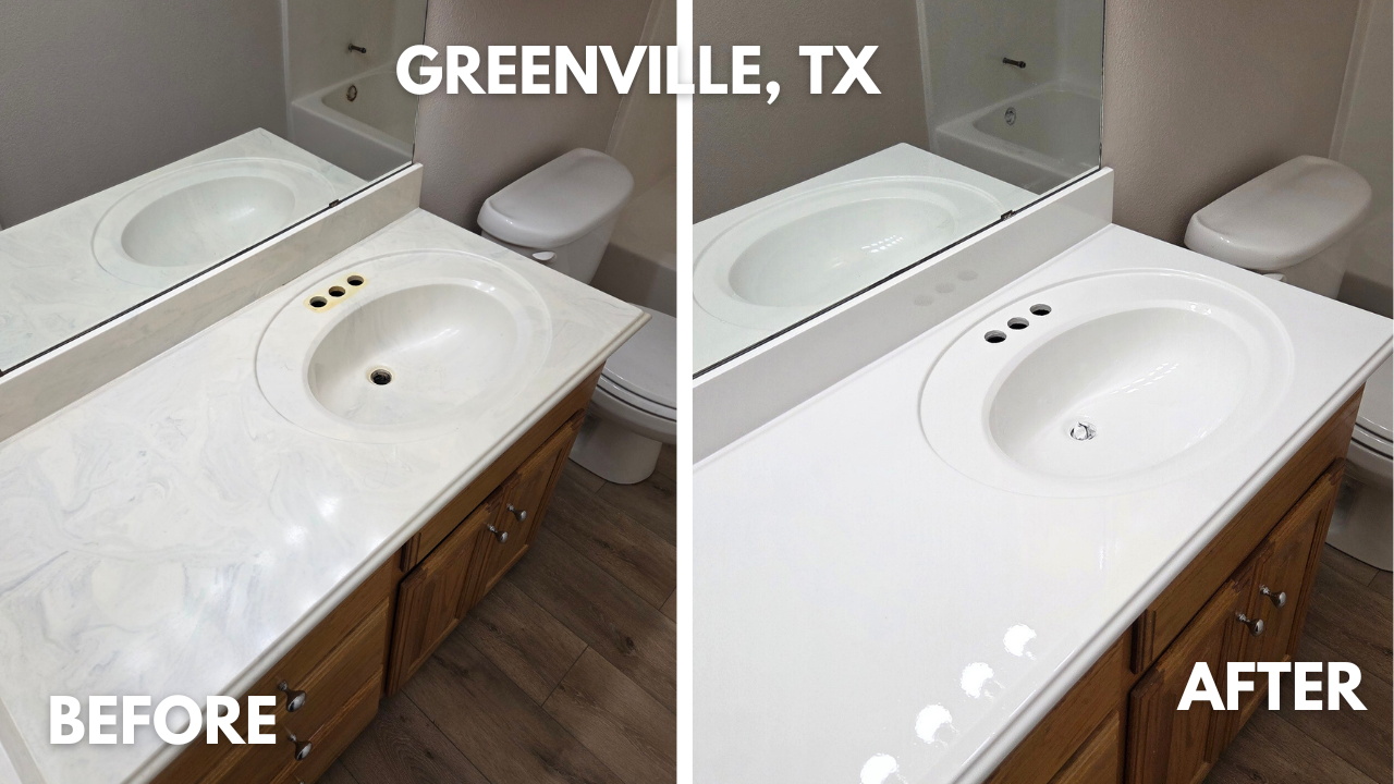 Cultured marble vanity top refinished in white glaze in Greenville, Texas