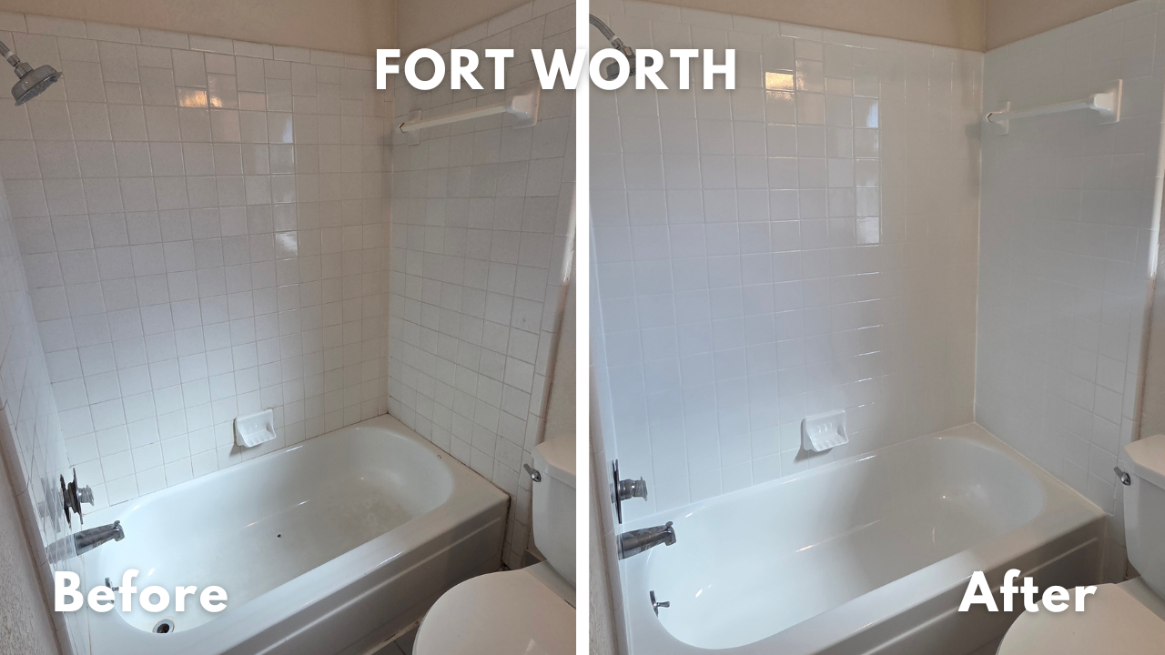 Dull and worn out bathtub and tile with chip repair and refinishing in white in Fort Worth, TX