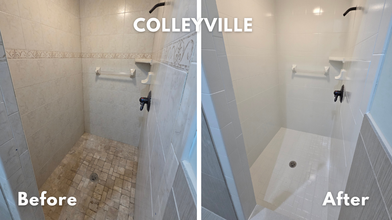 Large shower stall with ceramic tile walls and stone tile floor refinished in Kohler White glaze in a two day project in Colleyville, Texas 