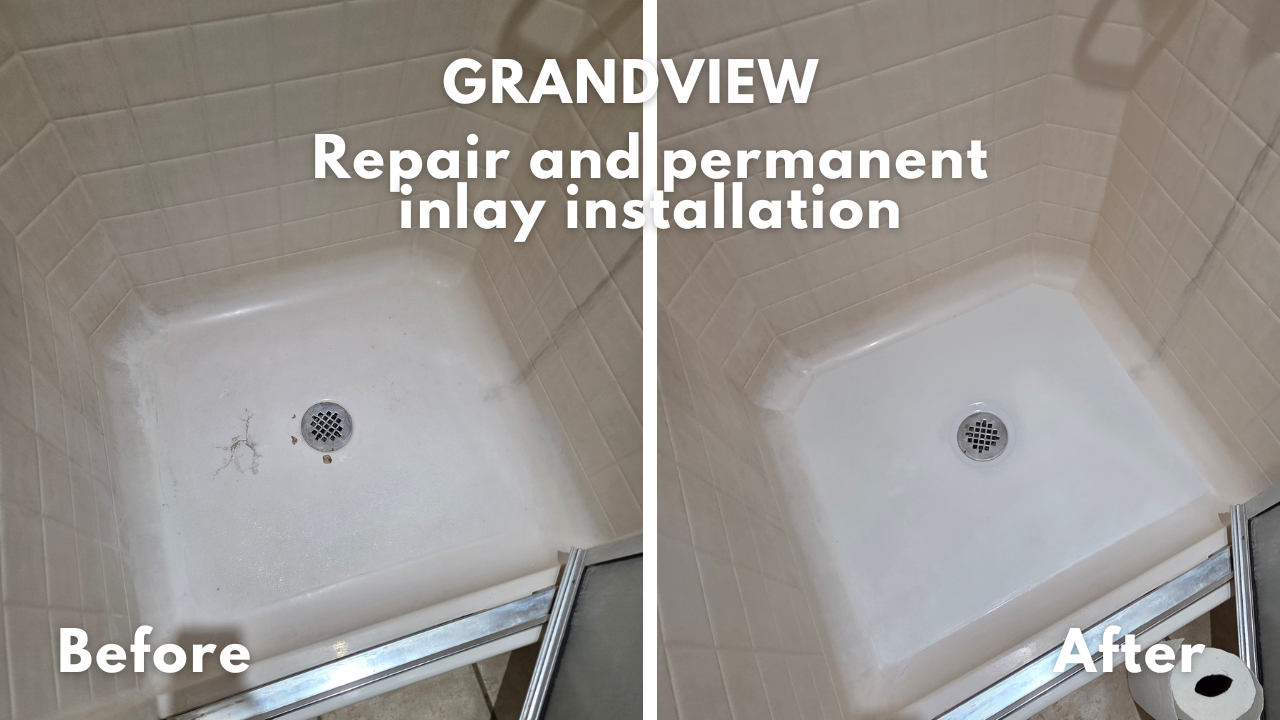 The floor of this fiberglass shower stall in Grandview, TX cracked because of a lack of support underneath. We installed a polyurethane foam support underneath the shower floor, then installed a permanent acrylic inlay to ensure the floor will not cr
