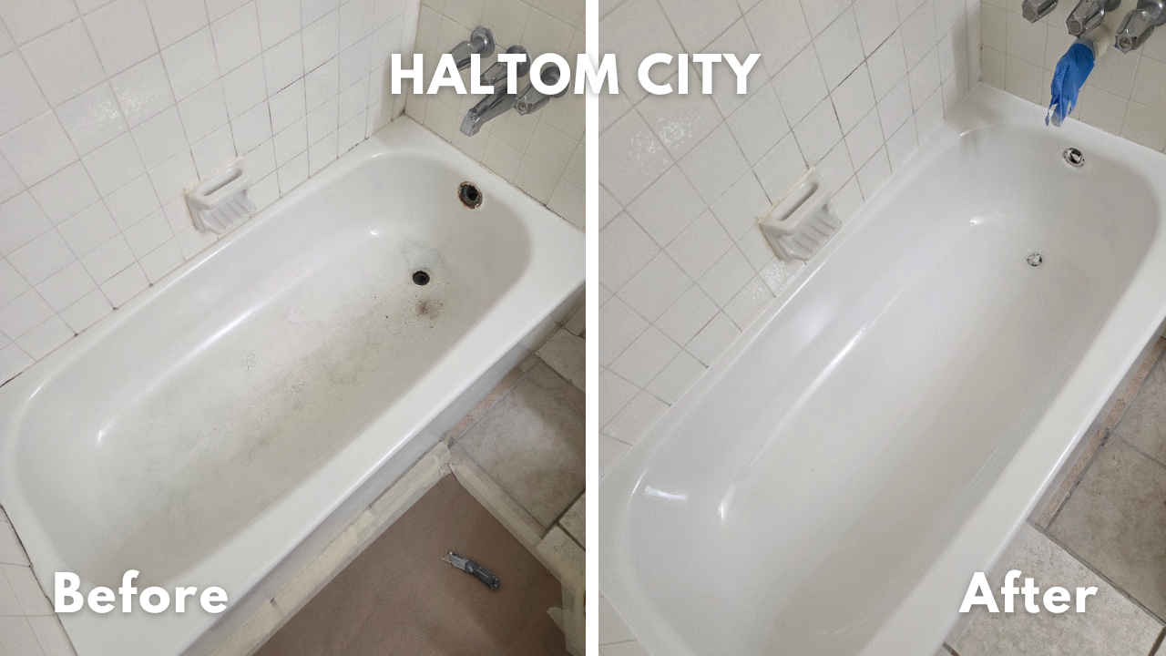 Standard size stainless steel bathtub with rust repair and refinished in gloss white in Haltom City, Texas