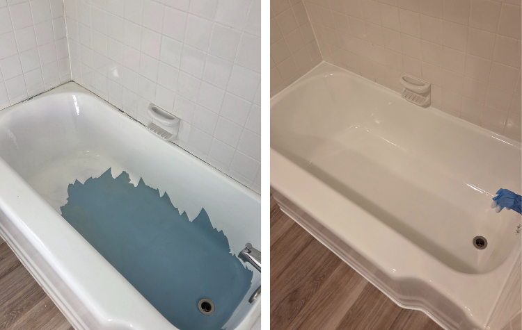 Poorly resurfaced cast iron bathtub stripped and refinished 
