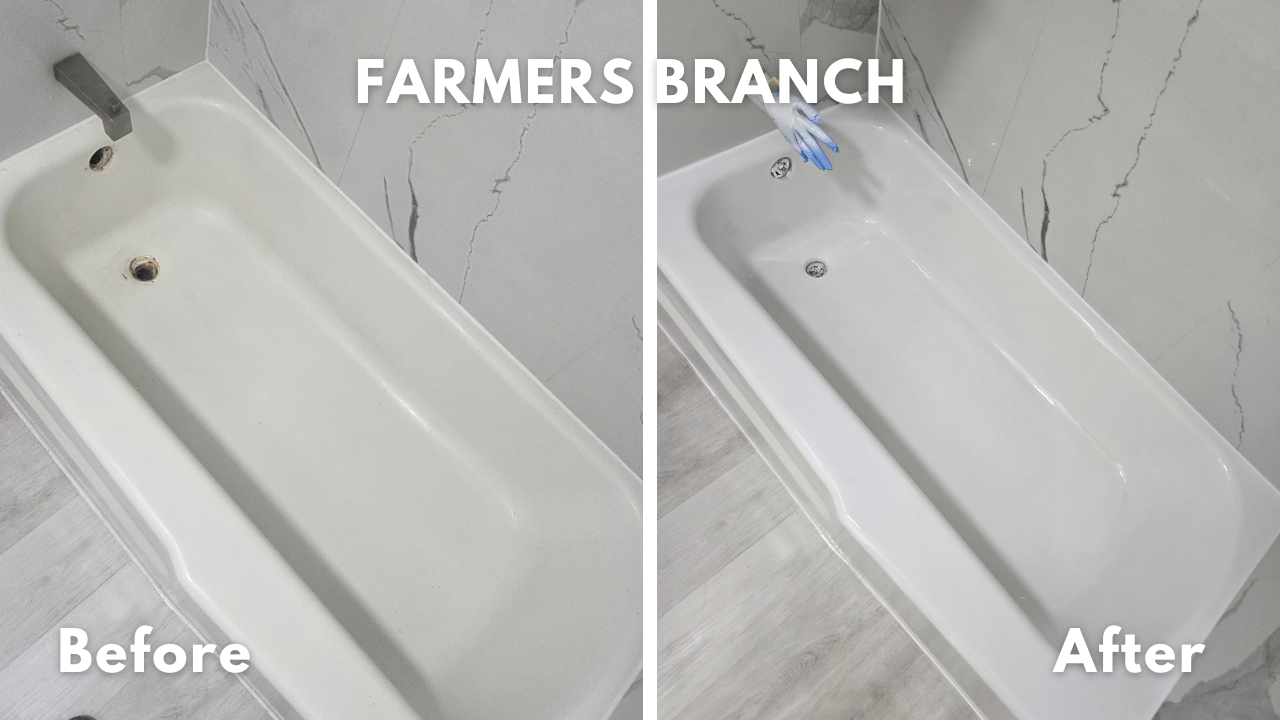 This client needed a simple solution for refreshing the tub in her condo in Farmers Branch, TX that would not disturb her neighbors or leave her without a shower to use for more than a day. We refinished in it our durable high gloss white glaze with 
