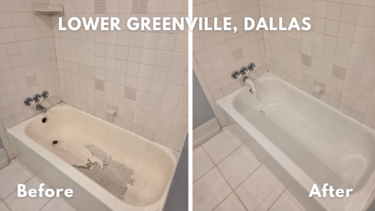 This DIY bathtub epoxy paint was turning yellow and beginning to peel/ We completely removed it, repaired the rusted areas, and refinished it with our professional bathtub refinishing process. 