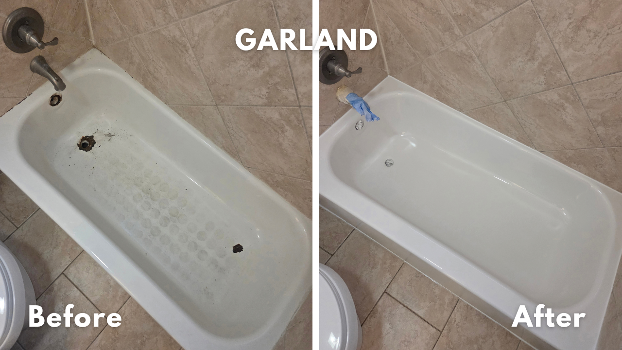A curtain rod fell and damaged this porcelain over stainless steel bathtub, which we repaired and refinished in a high gloss white glaze. 