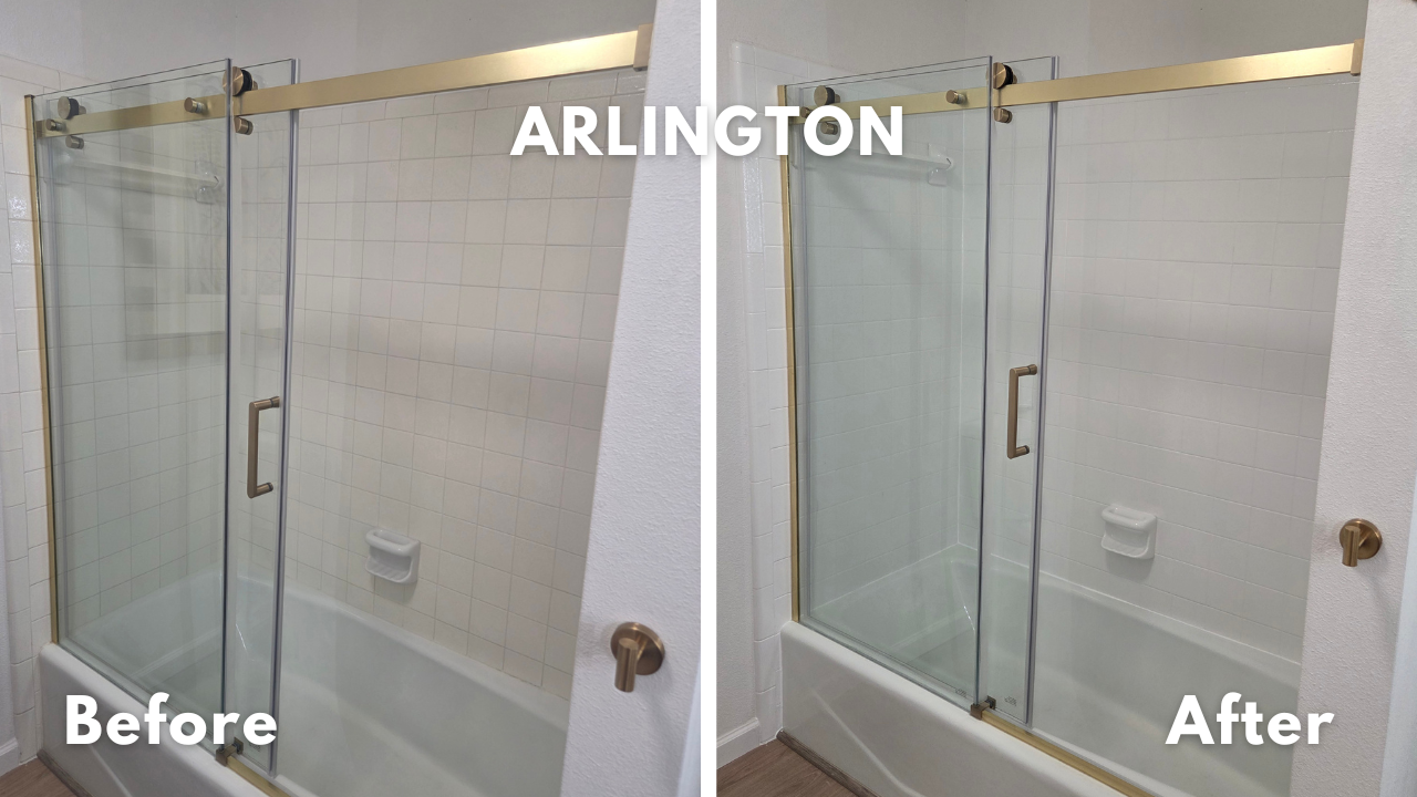 Three tile walls surrounding a bathtub refinished in white in Arlington, Texas