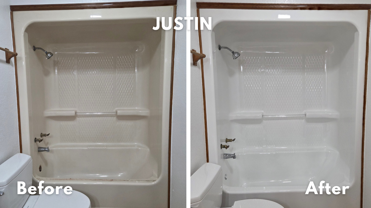Acrylic domed bathtub and shower unit in a rental home in Justin, Texas refinished in high gloss white glaze with non-slip treatment. 